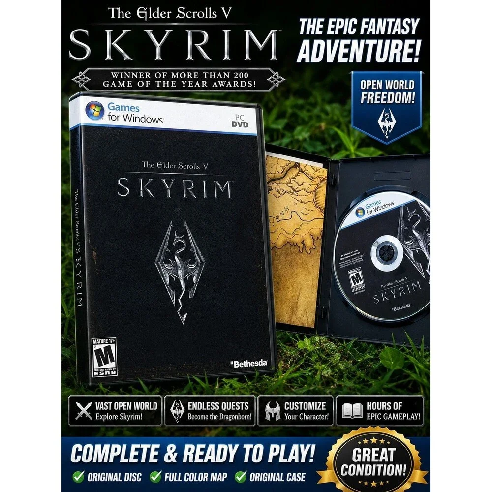 The Elder Scrolls V Skyrim PC DVD Windows Complete Case Disc Map Bethesda Game
